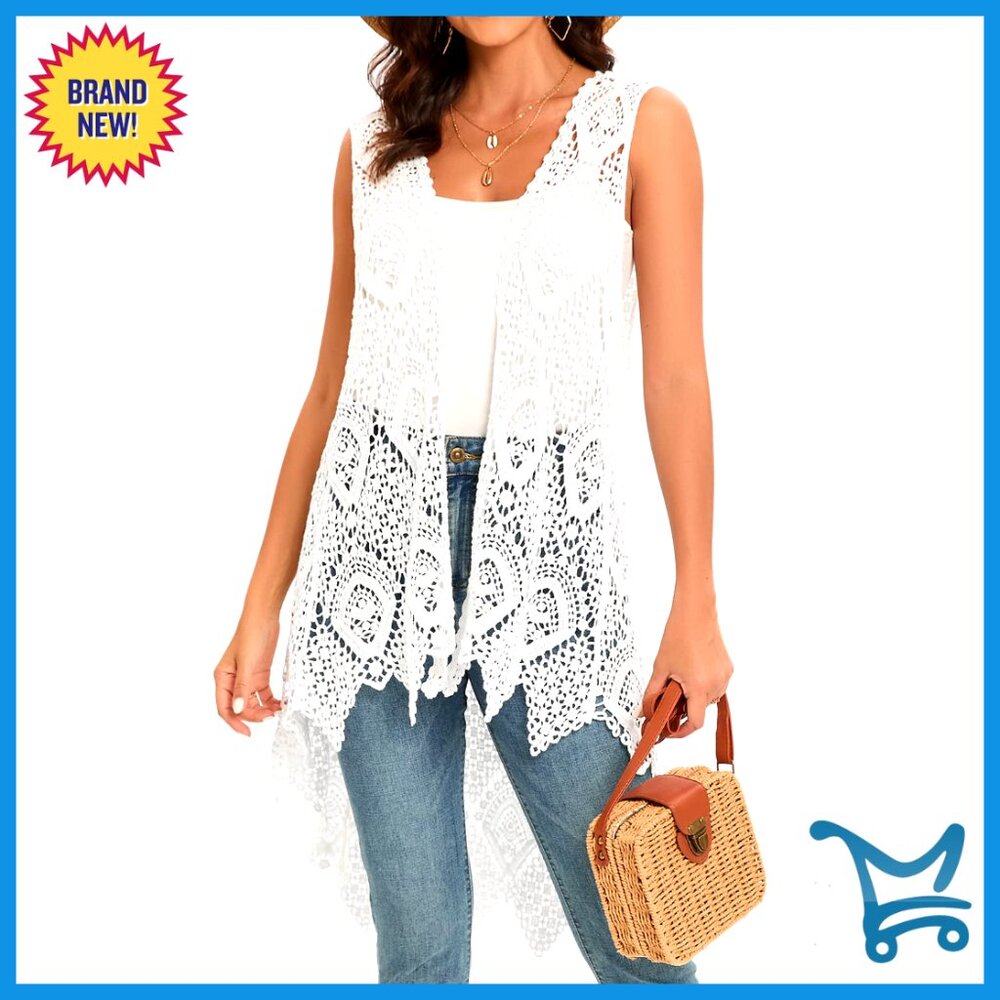 Crochet Lace Vest Boho Kimono Cardigan Loose Fit Cotton Coverup